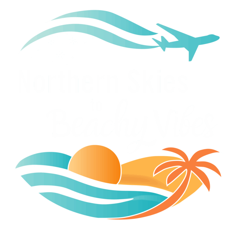 Blue and orange vector logo of plane, water, sun and palm tree